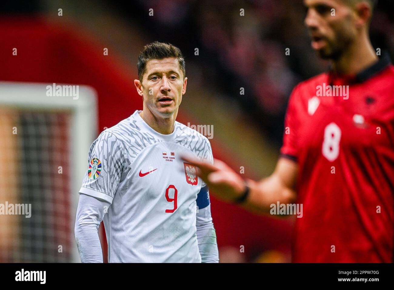 VARSOVIE, POLOGNE - 27 MARS 2023: Qualificatifs européens EURO 2024 gropu stage Pologne - Albanie o/p: Robert Lewandowski (pologne) Banque D'Images