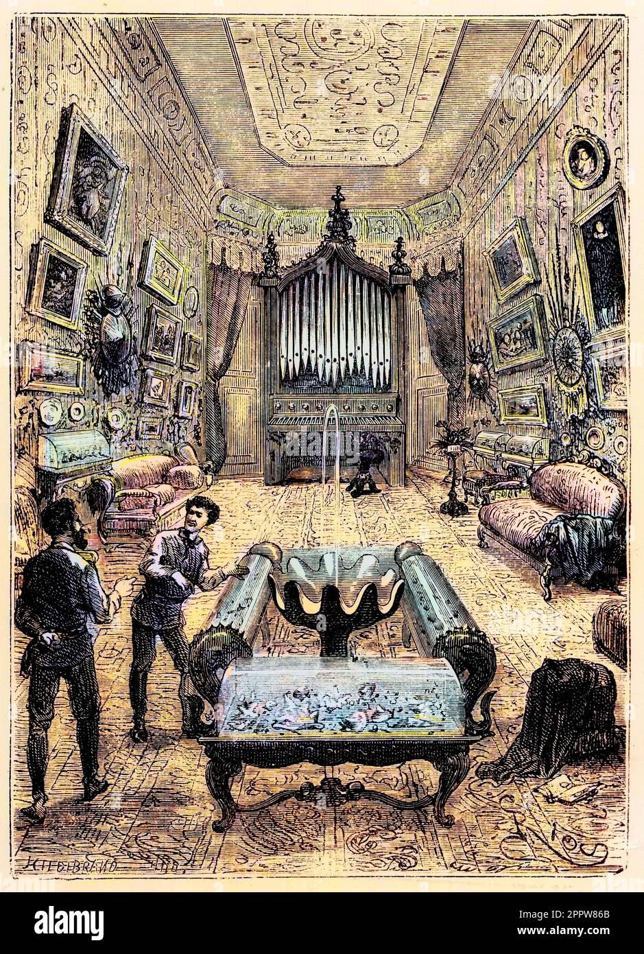 'Un goût quadrilatère à pans coupés - dans ''Vingt mille lieurs sous les mers'' (Vingt-mille - 20 000 - 20000) de Jules Verne, édition Hetzel.' Illustration du roman 'Vingt mille lieurs sous les Mers' (Vingt-mille - 20 000 - 20000) de Jules Verne proposant le luxe salon du Nautilus, sous marin du capitaine Nemo Banque D'Images