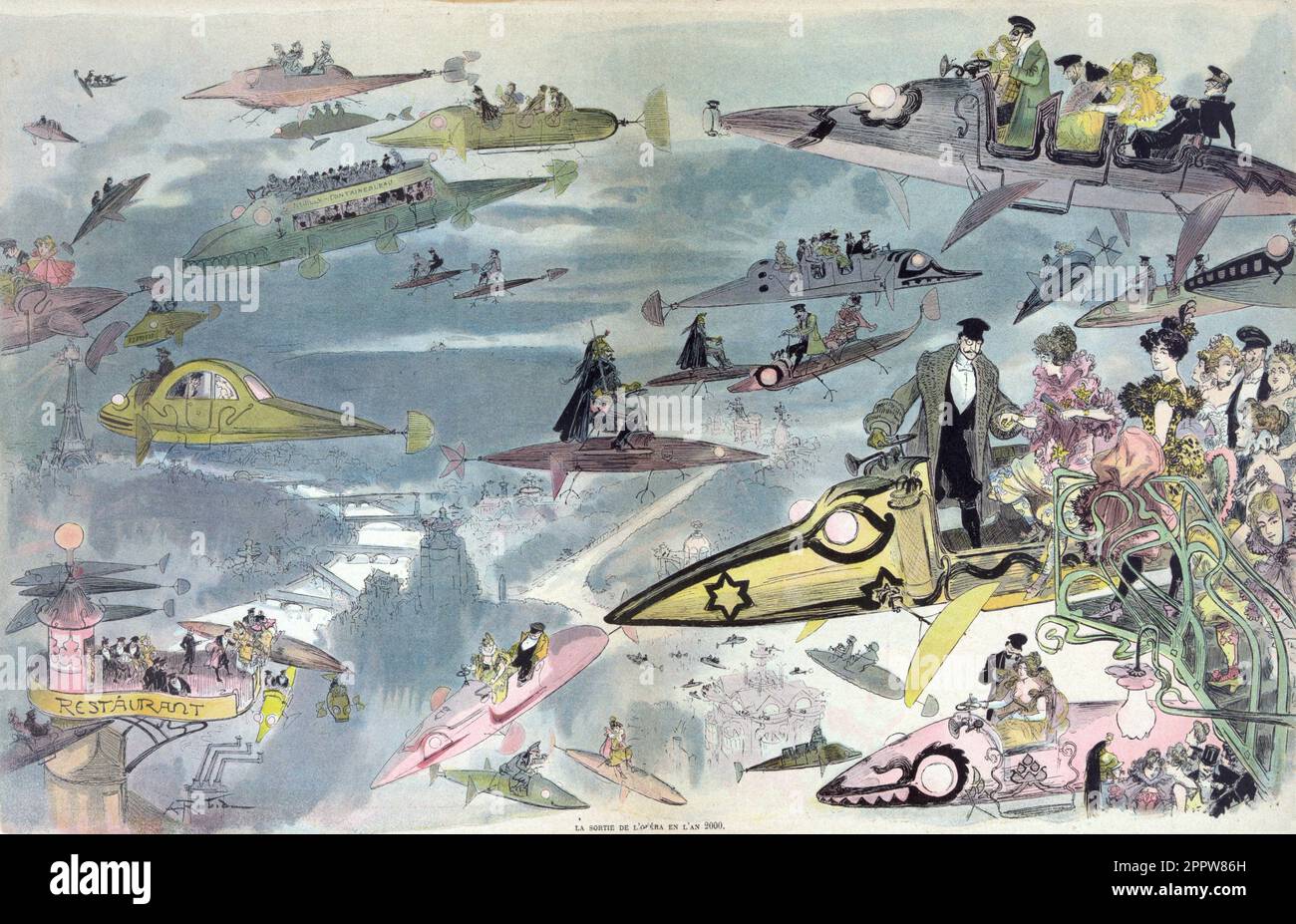 Le Sortie de l'opéra en l'an 2000. Albert Robida; 1848-1926 - anticipation : la sortie de l'Opéra a Paris en l'an 2000 par le dessineur Albert Robida vers 1900. Banque D'Images