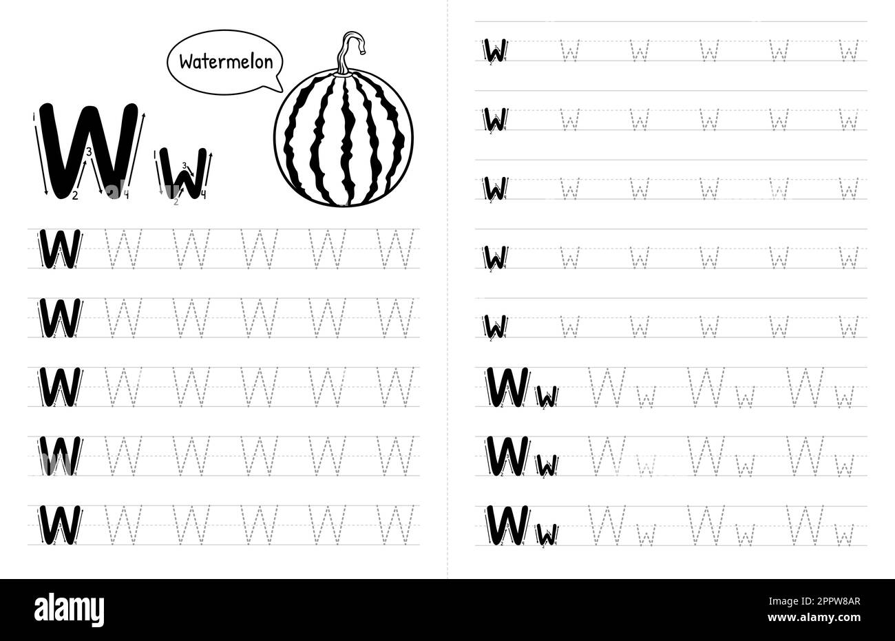 ABC alphabets Tracing Book Interior pour enfants. Enfants écrivant la feuille de travail avec photo. Premium Vector Elements Letter W. Illustration de Vecteur