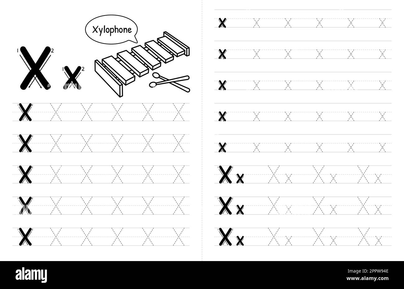 ABC alphabets Tracing Book Interior pour enfants. Enfants écrivant la feuille de travail avec photo. Éléments vectoriels Premium lettre X. Illustration de Vecteur