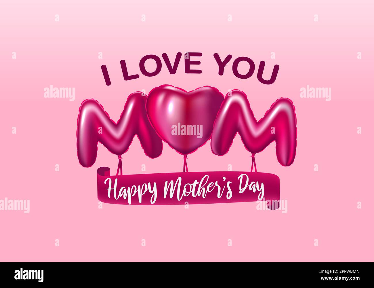 J'aime maman dans le monde texte styliste avec coeur de ballon décoratif. Carte de vœux pour la fête des mères. Banque D'Images