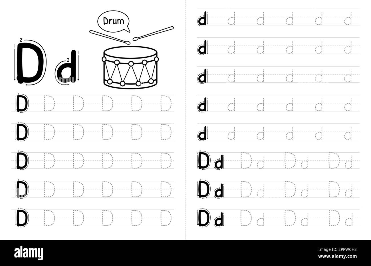 ABC AAlphabets Tracing Book Interior pour enfants. Enfants écrivant la feuille de travail avec photo. Éléments vectoriels Premium lettre D. Illustration de Vecteur