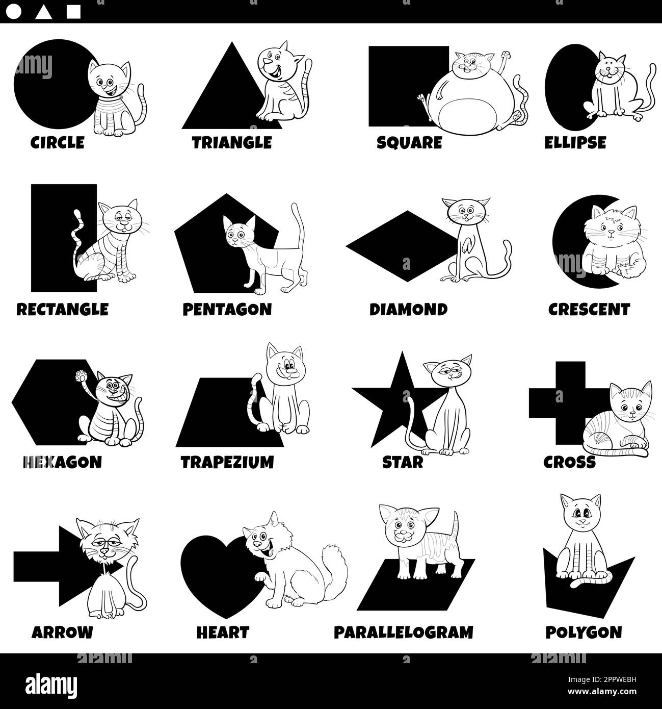 formes géométriques de base avec page de coloriage de chats de bande dessinée Illustration de Vecteur