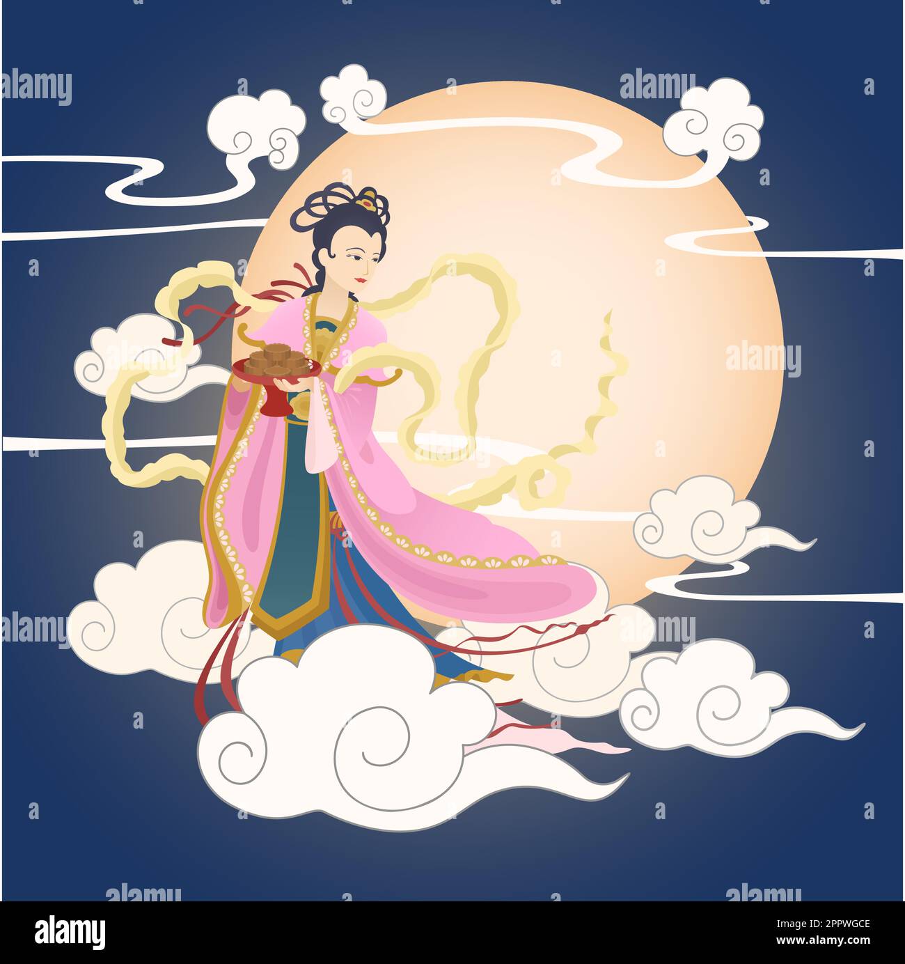 fête de la mi-automne la déesse de lune tenant le gâteau de lune avec fond de grande lune Illustration de Vecteur