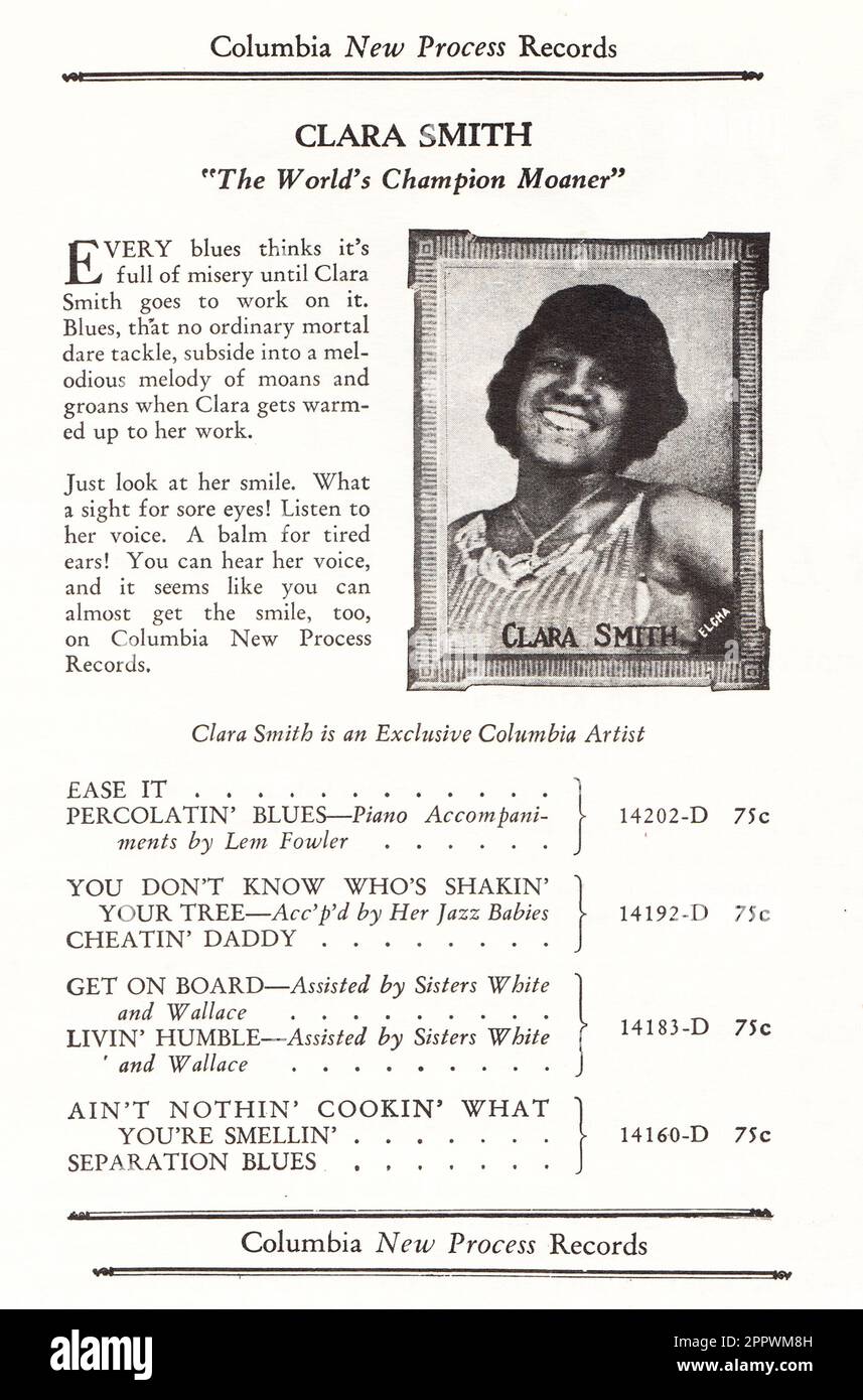 Une publicité dans un catalogue d'enregistrements de courses de Columbia Records 1927 présentant les enregistrements de 78 rpm de la légende du chant de jazz et blues, Clara Smith. Selon le professeur Google, 75 cents en 1927 serait d'environ $12,57 cents en 2023. Banque D'Images
