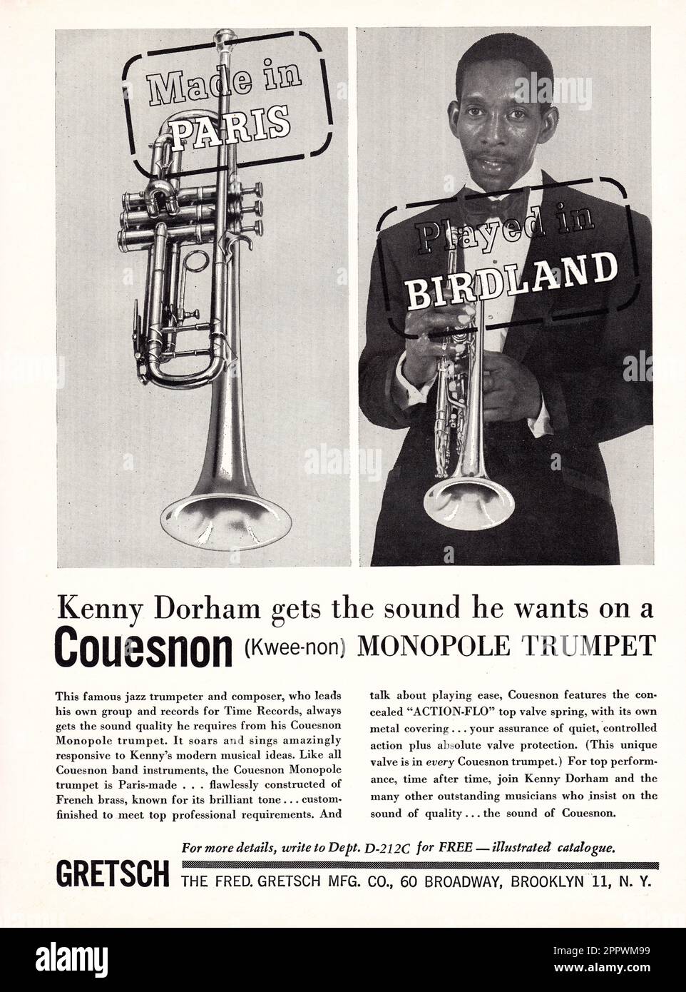 Une publicité pleine page pour Gretsch Couesnon Monopole trompette mettant en vedette la star du jazz Kenny Dorham. D'un magazine musical du début de 1960s. Banque D'Images