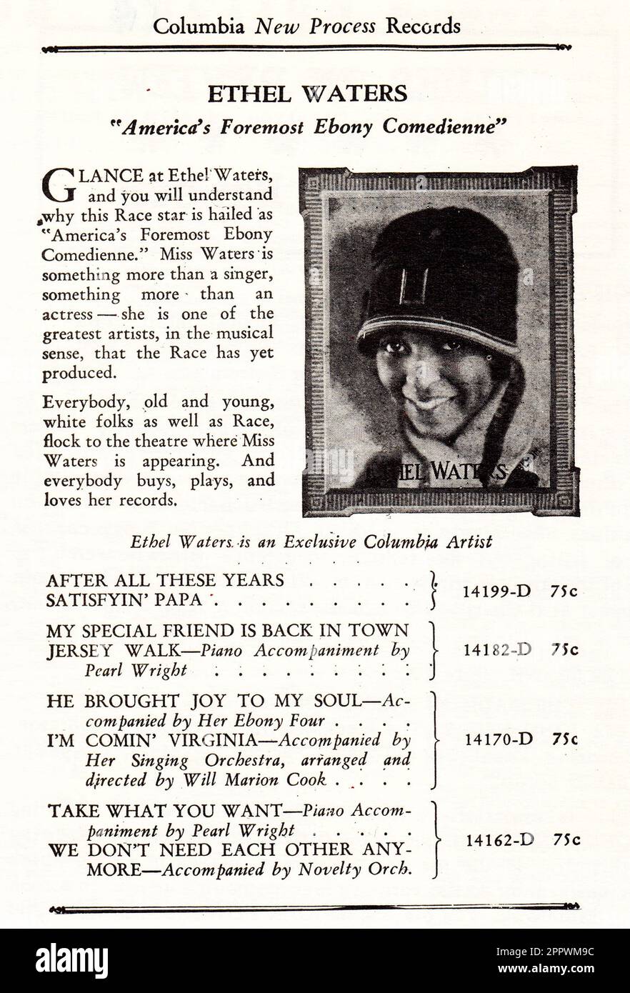 Une publicité dans un catalogue d'enregistrements de courses de 1927 de Columbia Records présentant les enregistrements de 78 rpm de la chanteuse comédienne Ethel Waters. Selon le professeur Google, 75 cents en 1927 serait d'environ $12,57 cents en 2023. Banque D'Images