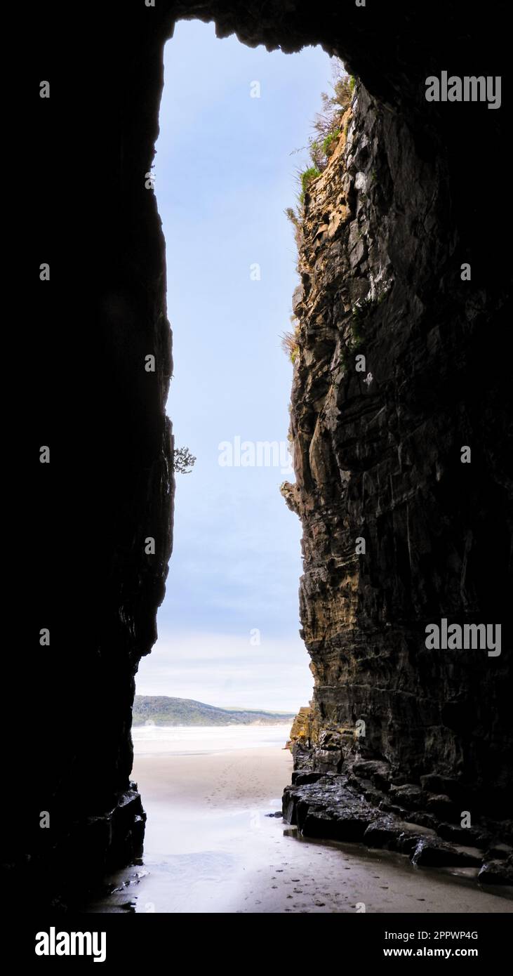 Vue sur l'océan depuis Cathedral Caves, Catlins, South Island, Nouvelle-Zélande Banque D'Images