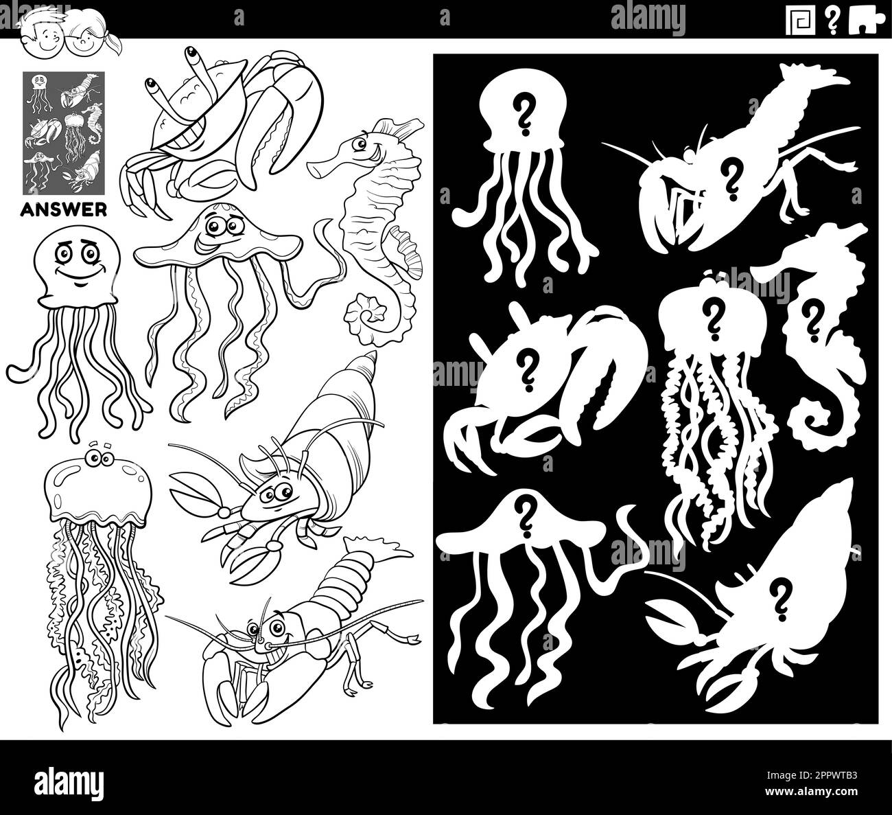 jeu de formes assorties avec la page de coloriage de l'octopus de dessin animé Illustration de Vecteur