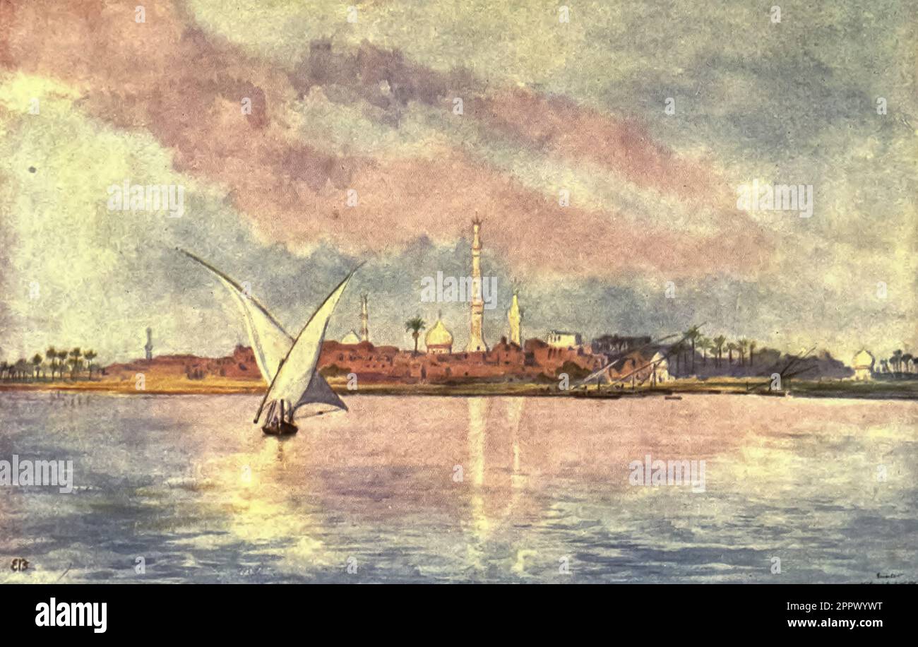 Syndioor on the Lower Nile River from the book ' from sketch-book and agenda ' by Butler, Elizabeth, Lady, 1846-1933 Date de publication 1909 London : Burns & Oates Elizabeth Southerden Thompson (3 novembre 1846 – 2 octobre 1933), plus tard connue sous le nom de Lady Butler, était une peintre britannique qui s'est spécialisée dans la peinture de scènes de campagnes et de batailles militaires britanniques, notamment la guerre de Crimée et les guerres napoléoniennes Banque D'Images