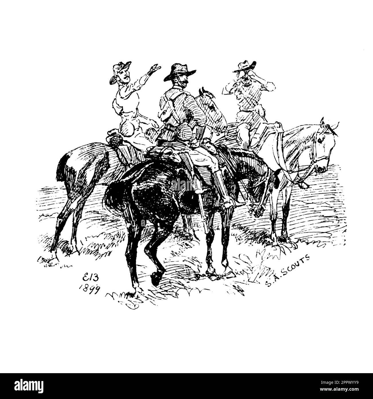 British Soldiers on Horseback from the book ' from sketch-book and agenda ' by Butler, Elizabeth, Lady, 1846-1933 Date de publication 1909 Londres : Burns & Oates Elizabeth Southerden Thompson (3 novembre 1846 – 2 octobre 1933), plus tard connue sous le nom de Lady Butler, était une peintre britannique qui s'est spécialisée dans la peinture de scènes de campagnes et de batailles militaires britanniques, notamment la guerre de Crimée et les guerres napoléoniennes Banque D'Images British Soldiers on Horseback from the book ' from sketch-book and agenda ' by Butler, Elizabeth, Lady, 1846-1933 Date de publication 1909 Londres : Burns & Oates Elizabeth Southerden Thompson (3 novembre 1846 – 2 octobre 1933), plus tard connue sous le nom de Lady Butler, était une peintre britannique qui s'est spécialisée dans la peinture de scènes de campagnes et de batailles militaires britanniques, notamment la guerre de Crimée et les guerres napoléoniennes Banque D'Images