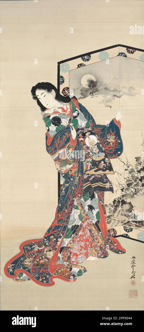 Hell courtesan de Kawanabe Kyosai (japonais, 1831–1889) Japon, période Meiji (1868-1912) les belles femmes habillées avec élégance de kimono multicouches riches ont été les sujets les plus populaires des artistes et graveurs japonais traditionnels des siècles 17th, 18th et 19th. Ce courtesan, identifié par l'obi attaché à l'avant, est posé de manière traditionnelle sur le rouleau suspendu ; encre, couleur, or et argent sur la soie image : 144,2 x 67,6 cm (56 3/4 x 26 5/8 po.) ; hors tout : 233,7 x 92,1 cm (92 x 36 1/4 po.) Banque D'Images