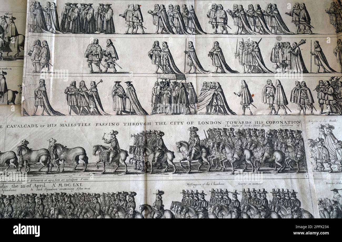 Une vue d'un ensemble de gravures de Venceslaus Holar, à Catherine Southon Auctioneers qui dépeignent le cavalcade de couronnement de Charles II en 1661 (au milieu), avant leur vente à Chiselhurst, dans le sud-est de Londres. Les gravures ont été trouvées à l'arrière d'un placard à Notting Hill, Londres, 362 ans après l'événement et dans les semaines du couronnement du roi Charles III, et on estime qu'elles vont de £400 à £600 lorsqu'elles vont sous le marteau. Date de la photo: Mardi 25 avril 2023. Banque D'Images