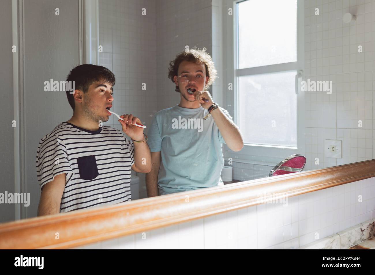 Jeune gay couple dans les t-shirts domestiques se brossant les dents devant le miroir dans la salle de bains le matin Banque D'Images Jeune gay couple dans les t-shirts domestiques se brossant les dents devant le miroir dans la salle de bains le matin Banque D'Images