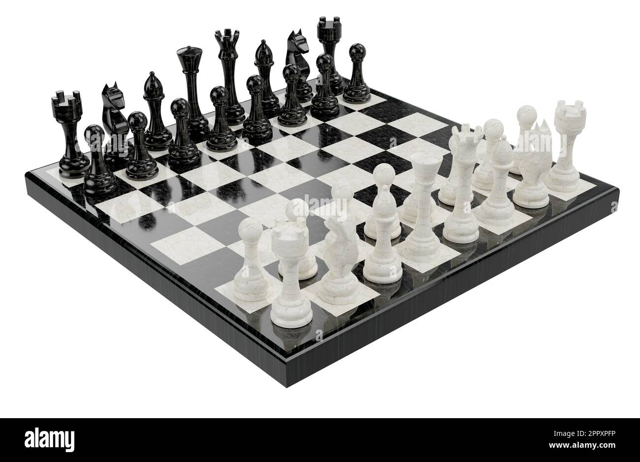 Jeu d'échecs de marbre isolé sur fond blanc - rendu 3D Banque D'Images