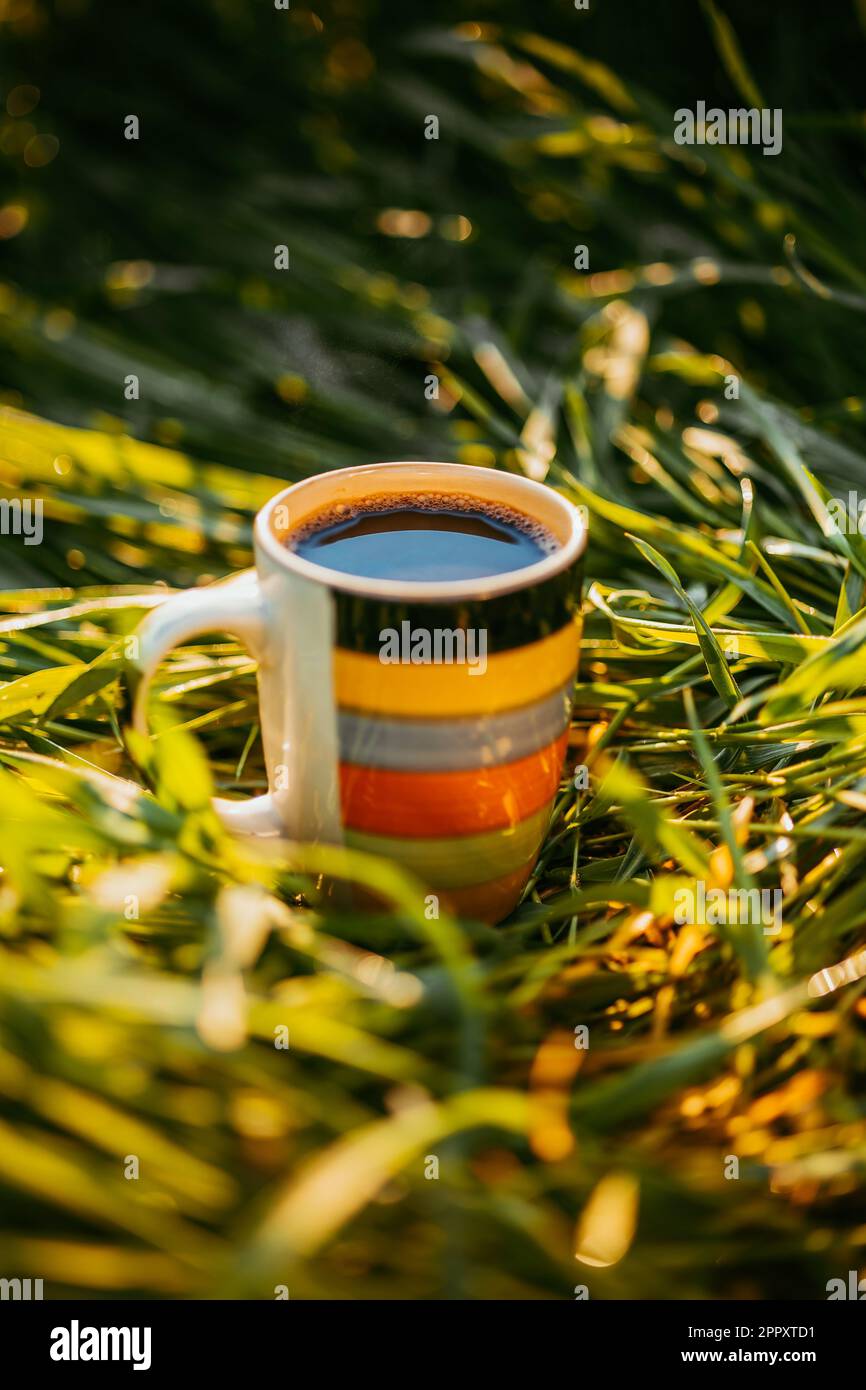 Une tasse de café à l'extérieur en plein air. Une atmosphère fraîche. Banque D'Images