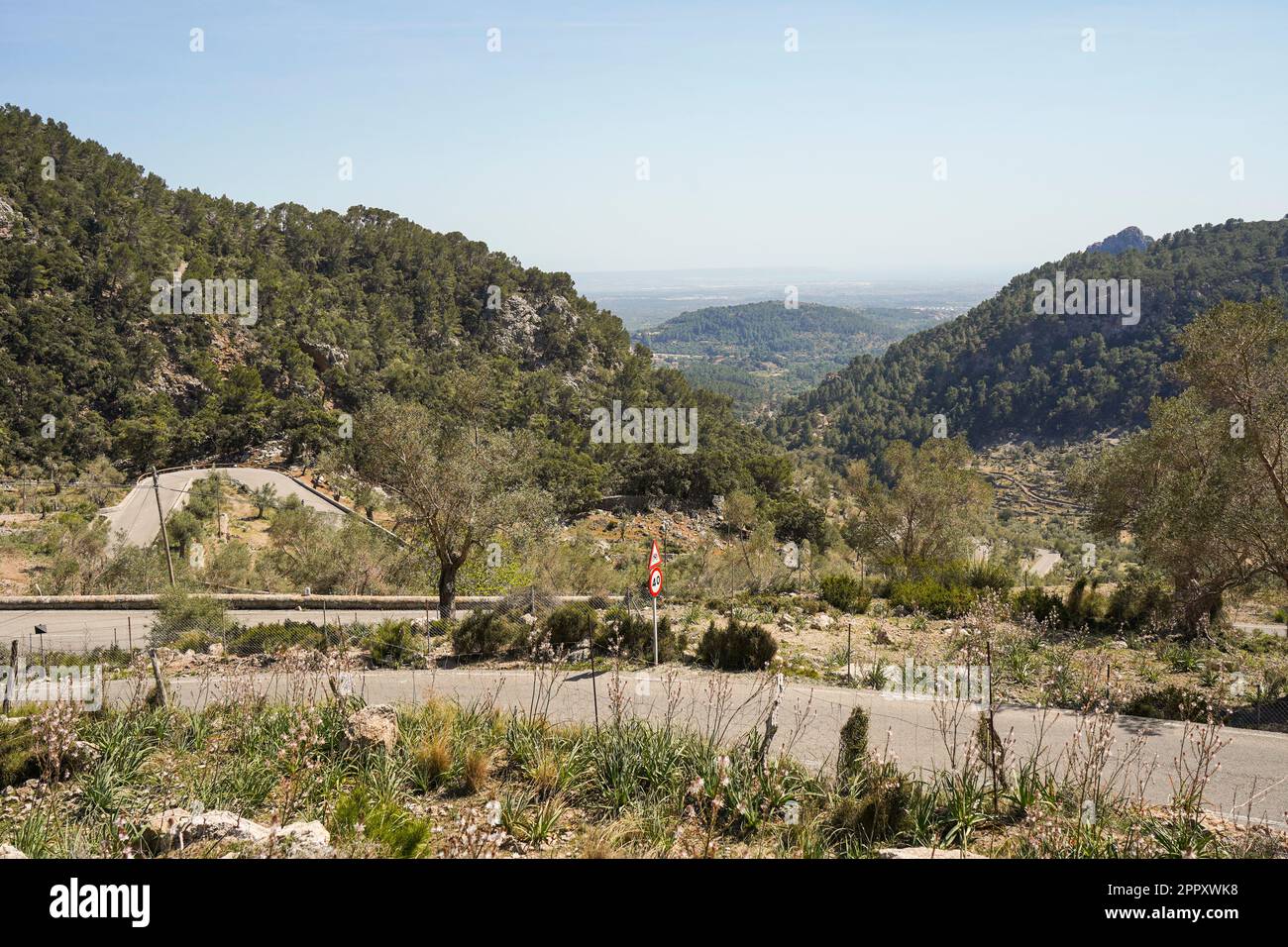 Vue sur la route à travers les montagnes de Tramuntana, Sierra de Tramontana à Soller depuis Palma, Majorque, Espagne. Banque D'Images
