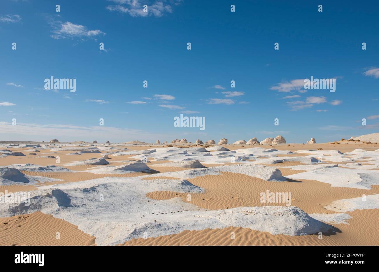 Paysage vue panoramique du désert blanc de l'ouest des déserts et des troglodytes en Égypte avec formations géologiques de craie Banque D'Images