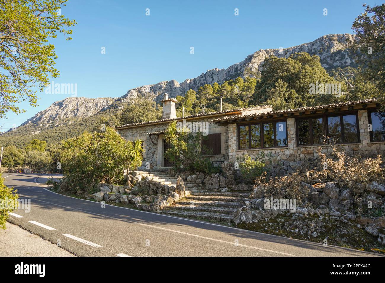 Restaurant dans les montagnes Tramuntana, Mallorca, Sierra de Tramontana à Majorque, Espagne. Banque D'Images