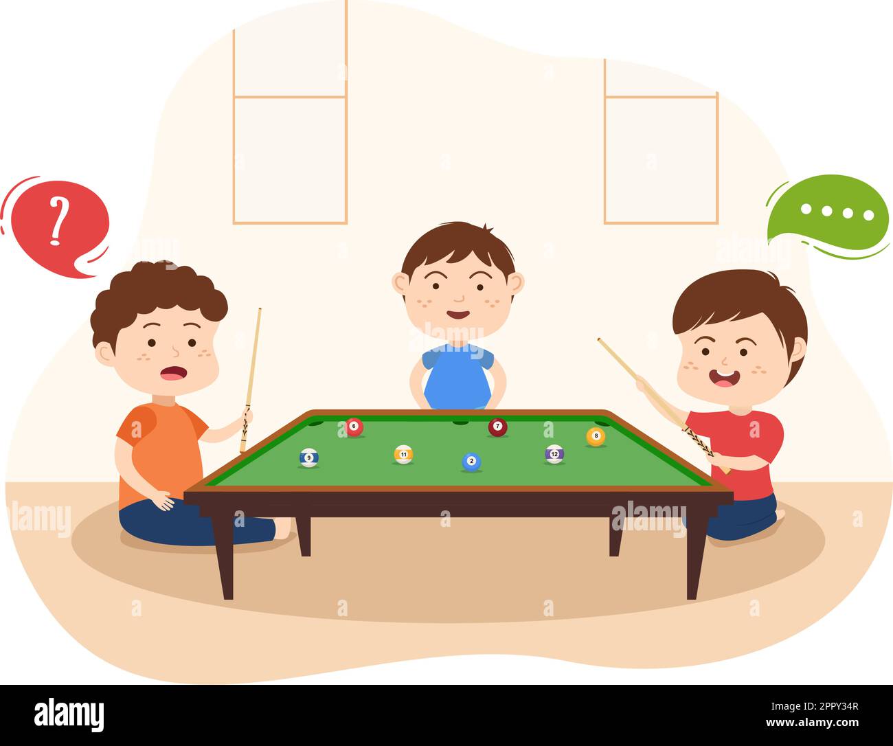 Jeu de billard dessin main dessin de dessin animé dessin animé Illustration avec enfants salle de billard avec bâton, Cue visant les boules de billard dans le club de sport Illustration de Vecteur