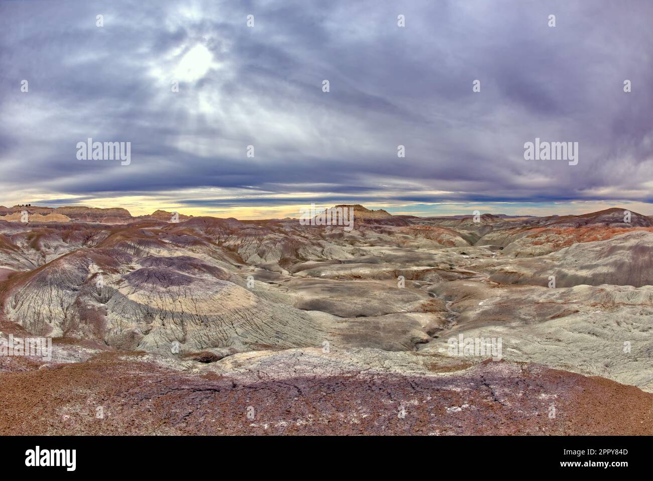 Vue sur les collines de bentonite salée du côté nord de la Forêt Bleue dans le parc national de la Forêt pétrifiée en Arizona. Banque D'Images