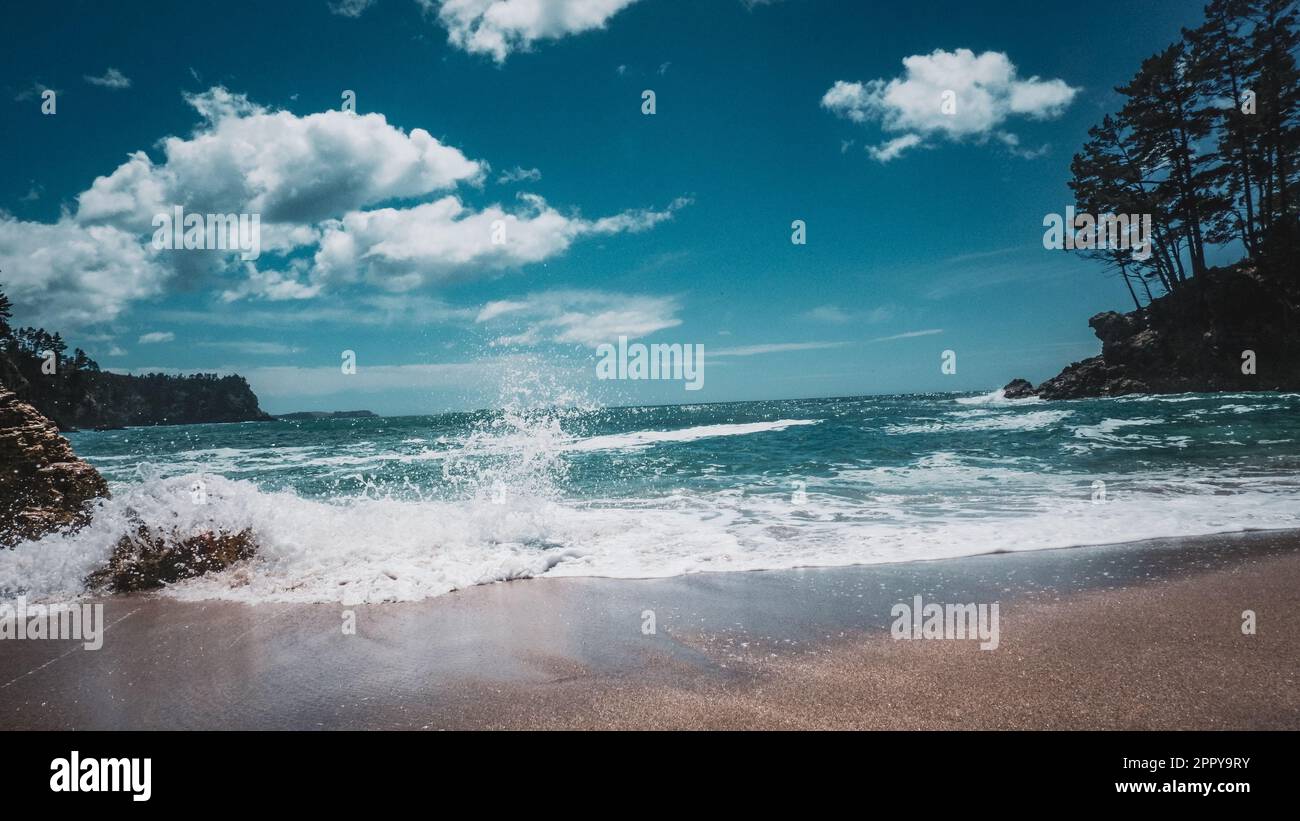 Les vagues se brisent contre une rive sablonneuse de la plage de Pokohino, dans le Coromandel, en Nouvelle-Zélande Banque D'Images