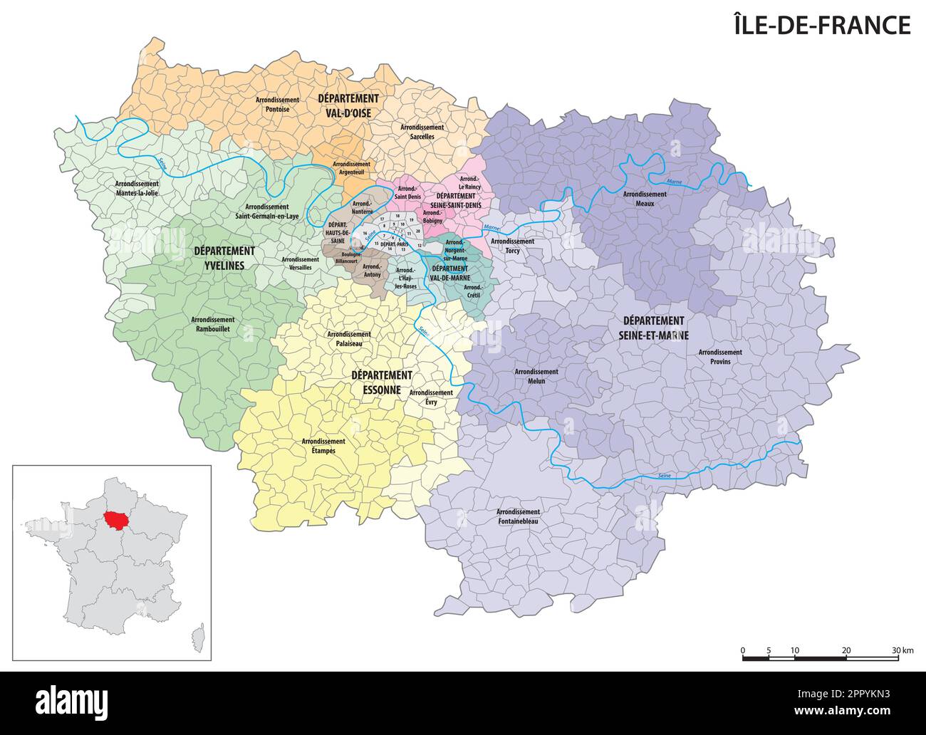 Carte administrative détaillée de la région Ile-de-France, France Illustration de Vecteur
