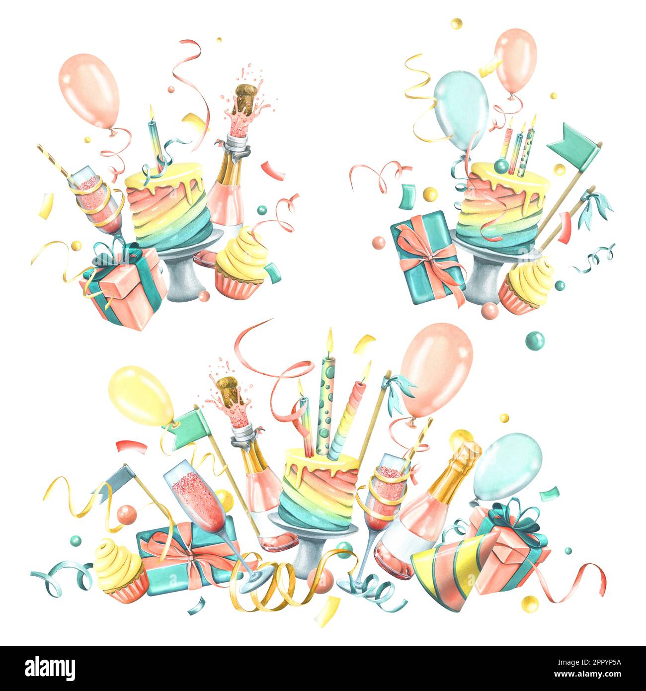 Champagne en bouteilles et verres avec gâteau, cadeaux, ballons, bougies, drapeaux et confettis. Illustration aquarelle. Un ensemble de compositions festives ANNIVERSAIRE Banque D'Images