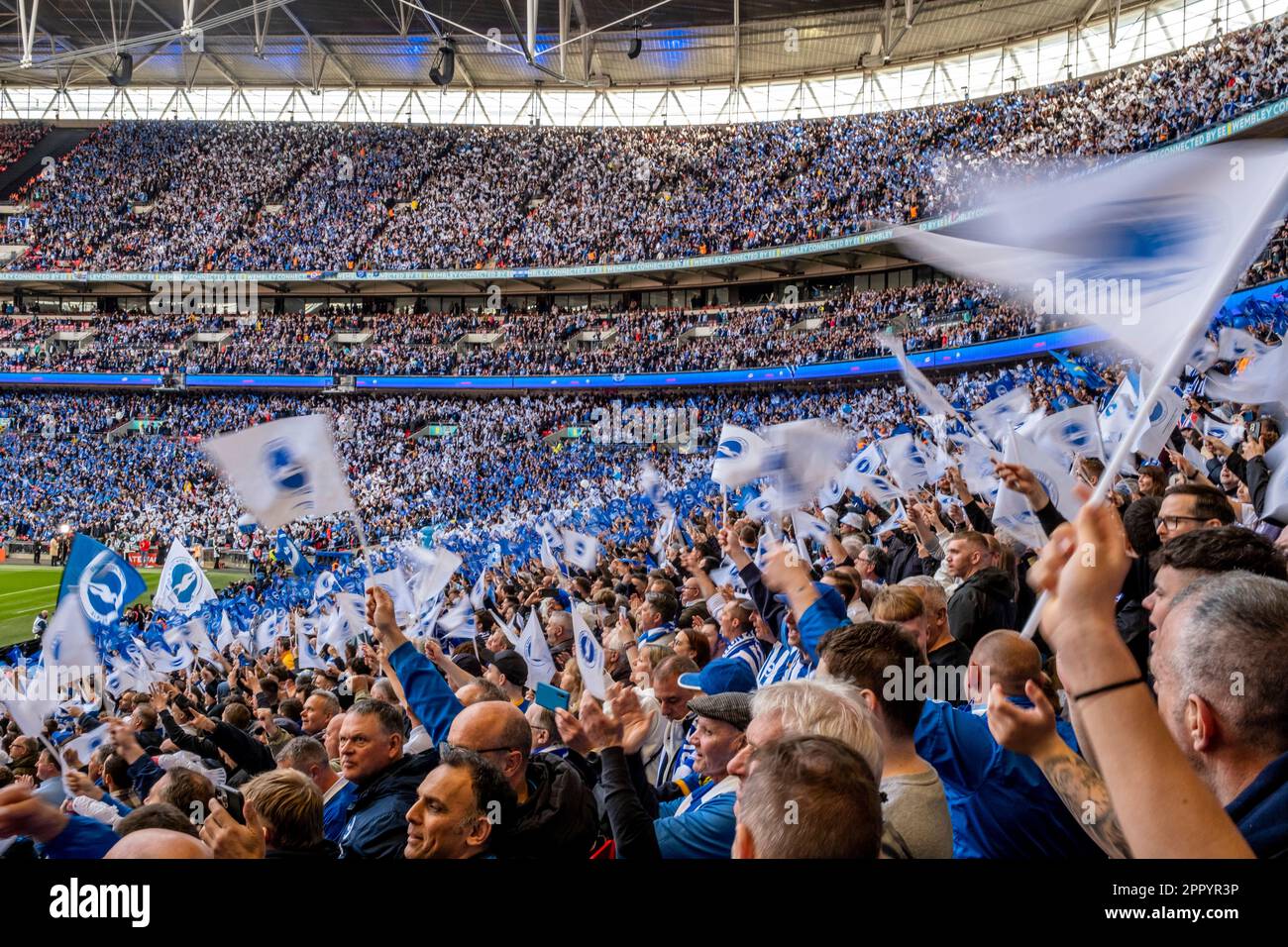 Les fans de Brighton et Hove Albion football (plus de 36 000) attendent le début de la demi-finale de la coupe FA 2023, Wembley Stadium, Londres, Royaume-Uni Banque D'Images