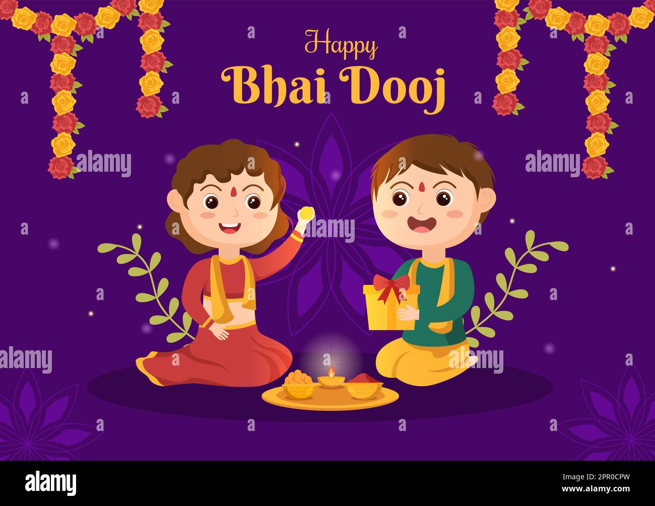 Happy Bhai Dooj Indian Festival Celebration dessin main Cartoon Illustration des Sœurs prier pour la protection des Frères avec un point sur son front Illustration de Vecteur