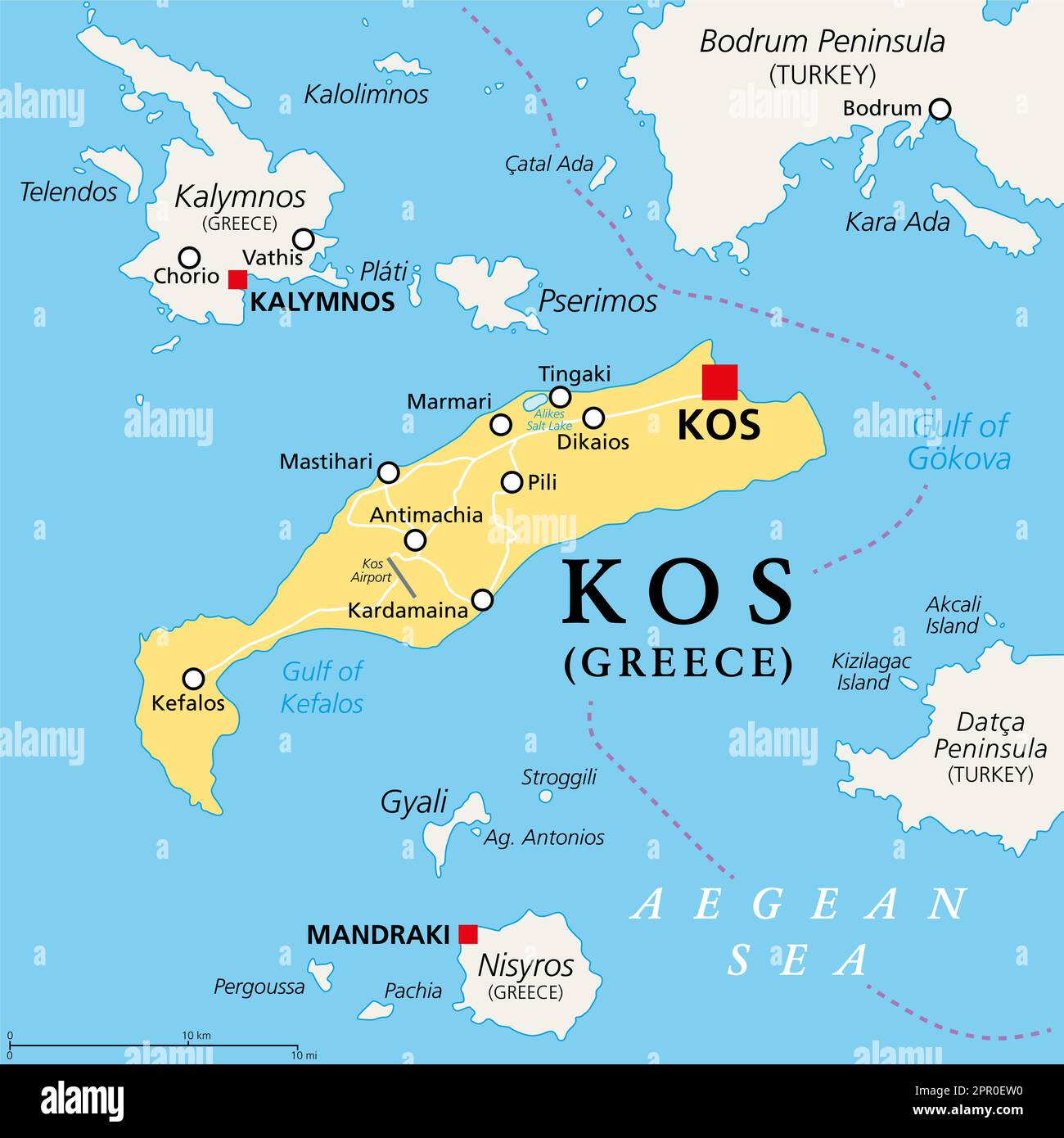 Kos, île grecque, carte politique. Aussi COS, une partie des îles Dodécanèse dans la mer Égée, à côté de la péninsule turque de Bodrum. Banque D'Images