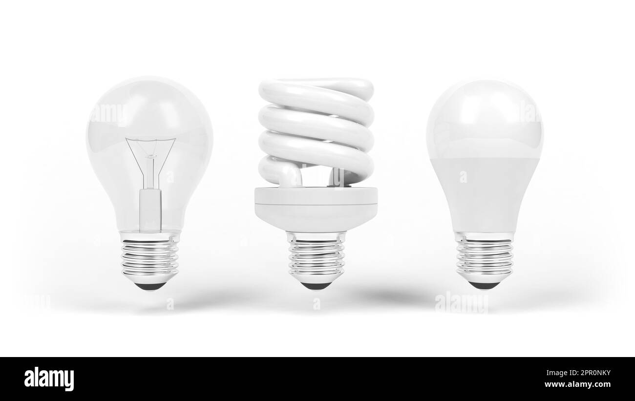 Diode électroluminescente, ampoule à incandescence et lampe fluorescente compacte. Ampoules isolées sur blanc. CFL. DEL. 3d illustration. Banque D'Images