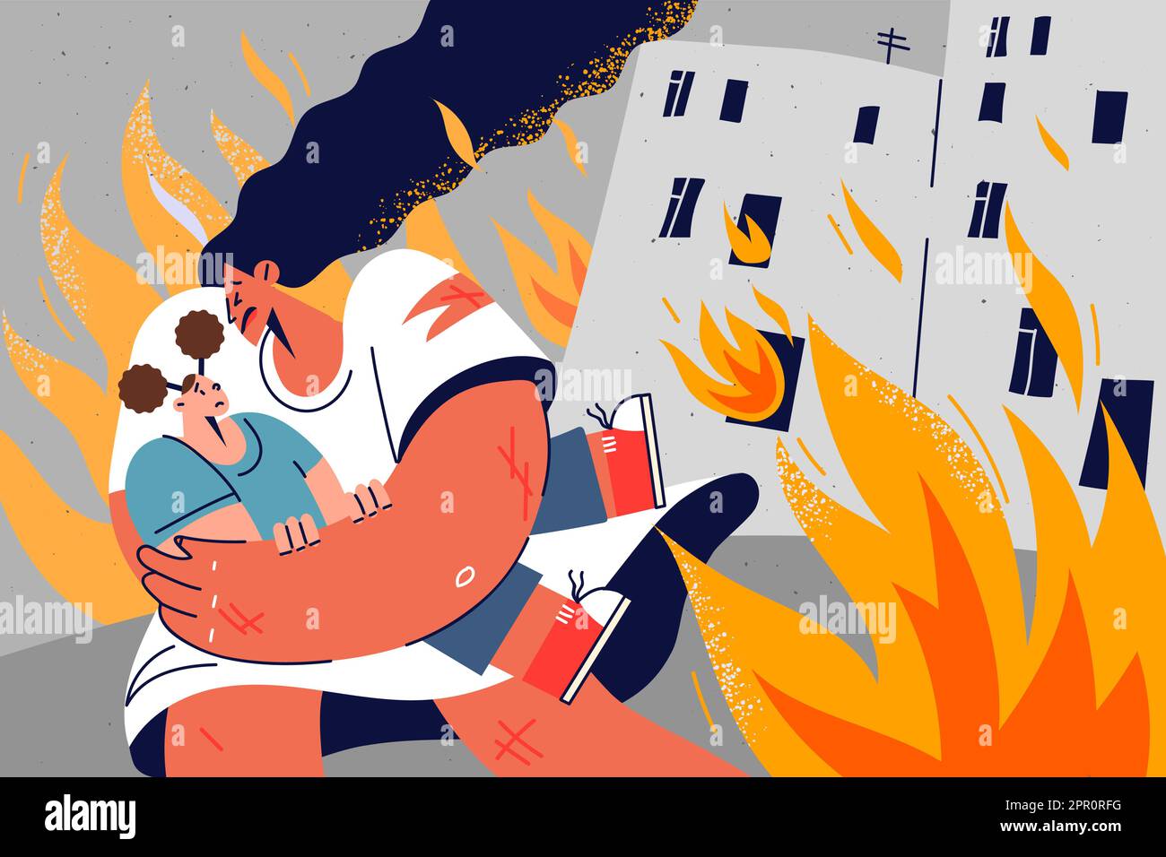 La mère soignante sauve l'enfant de la maison en feu Illustration de Vecteur