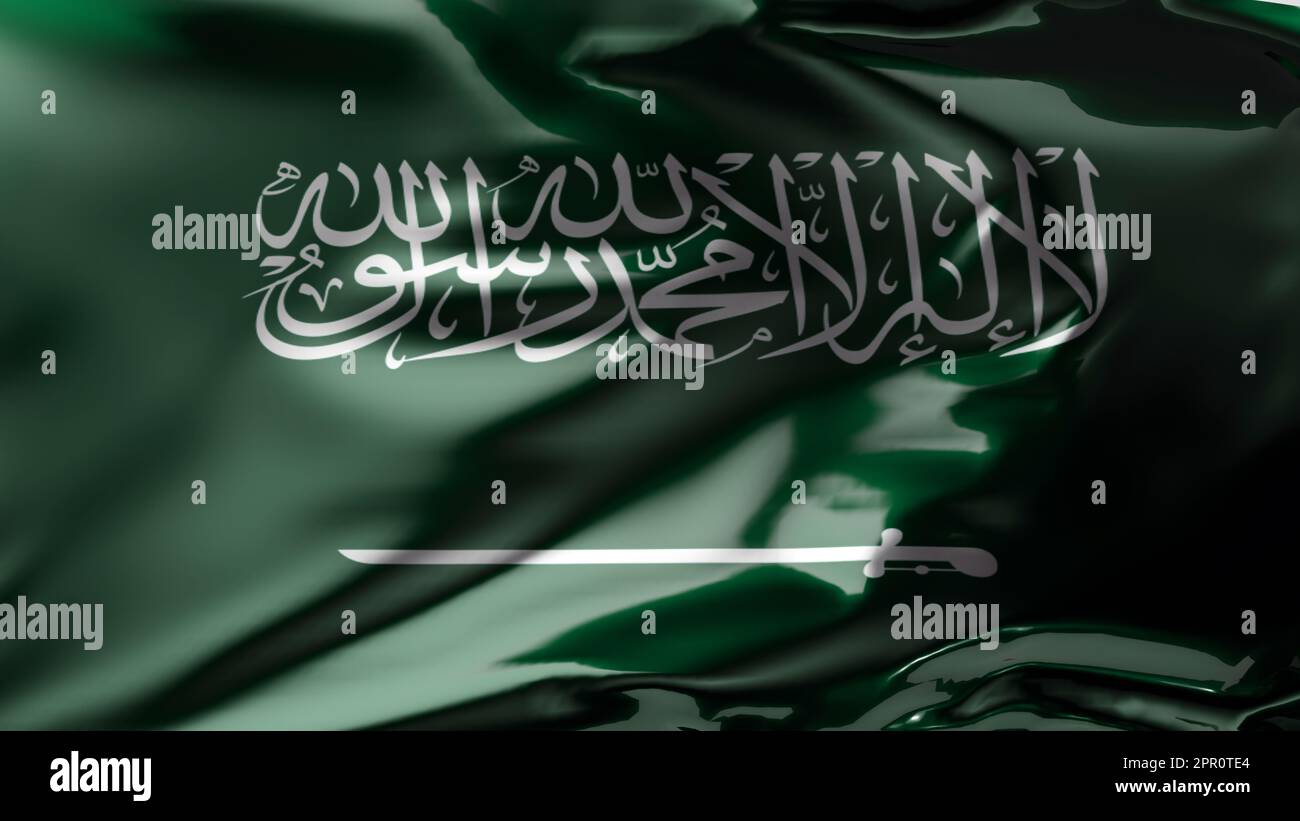 Drapeau de l'Arabie Saoudite agitant dans le vent, vague du drapeau national de ksa, texture du tissu, Royaume d'Arabie Saoudite, gros plan, rendu 3D. Banque D'Images