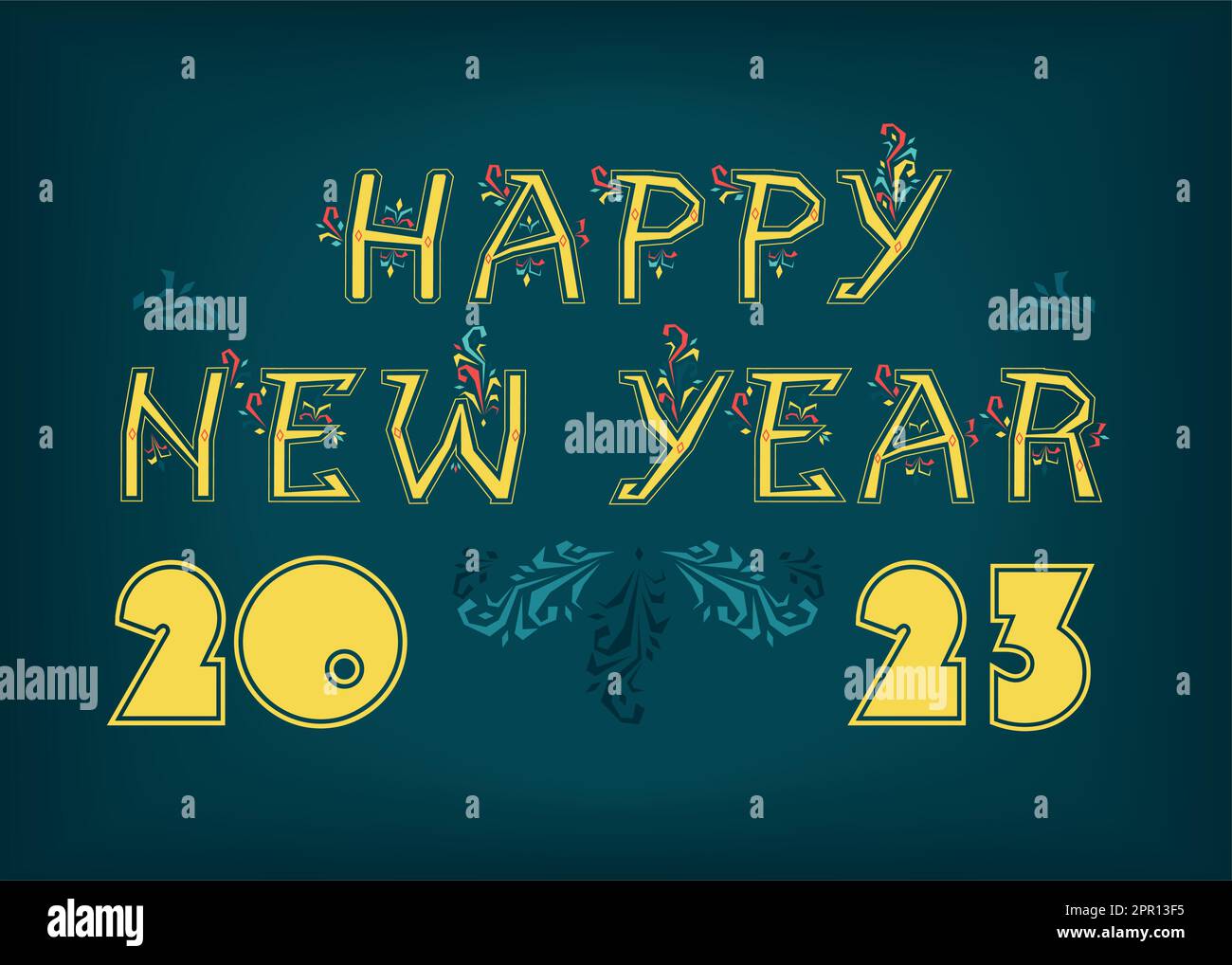 Bonne année 2023. Police de l'auteur - lettres et chiffres jaunes avec décor géométrique sur fond bleu foncé et décor floral. Illustration de Vecteur