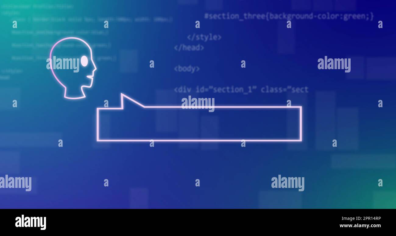 Composition des icônes d'ai bots avec bulles de parole et traitement des données sur fond bleu Banque D'Images