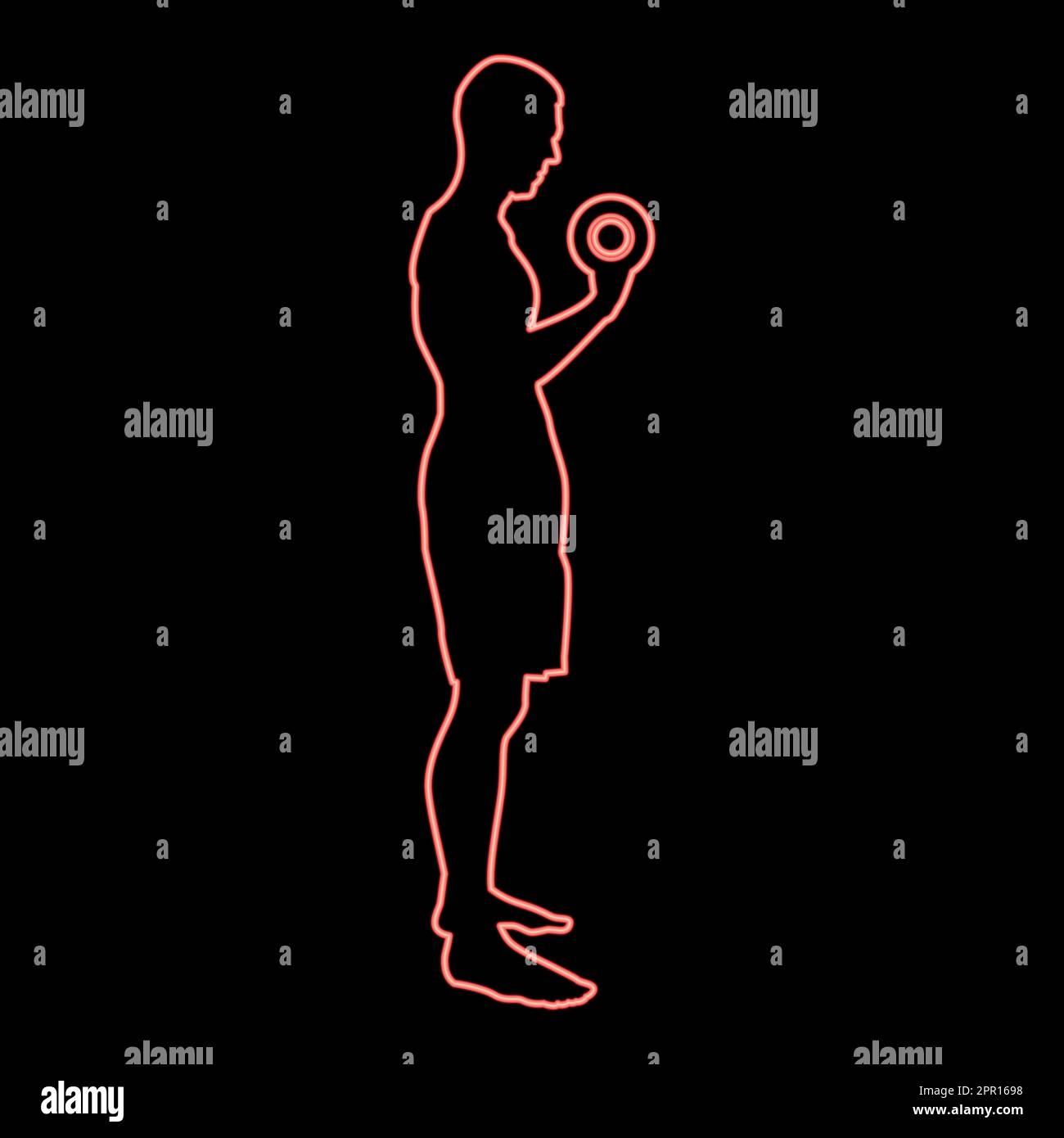 Neon homme faisant des exercices avec des haltères sport action mâle silhouette entraînement vue latérale icône rouge couleur vecteur illustration image style plat Illustration de Vecteur