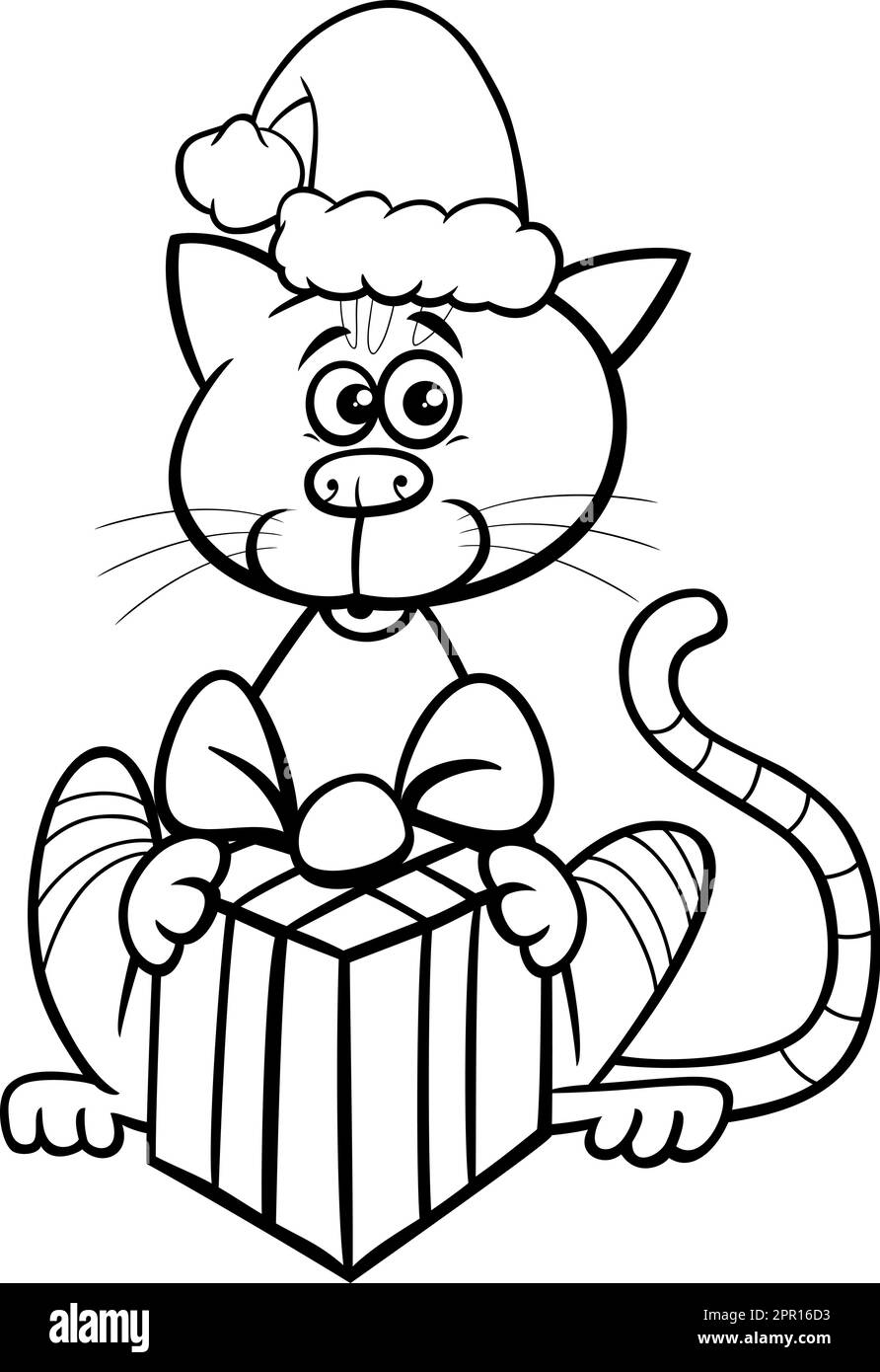 Dessin animé chat avec cadeau sur la page de coloriage de Noël Illustration de Vecteur