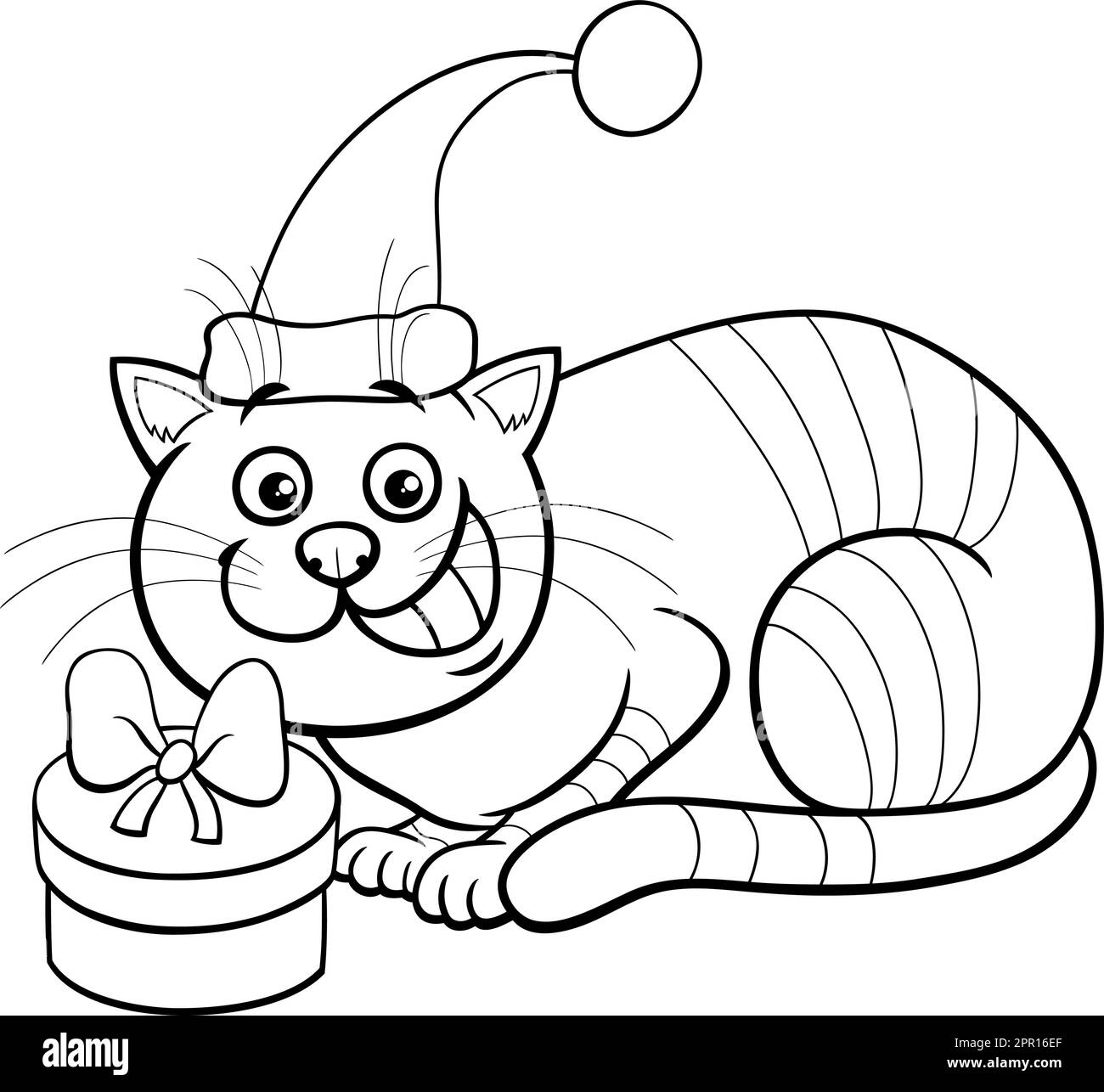 Dessin animé chat avec cadeau sur la page de coloriage de Noël Illustration de Vecteur