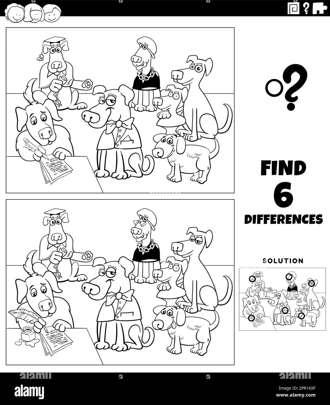 jeux de différences avec la page de coloriage de chiens de dessin animé Illustration de Vecteur