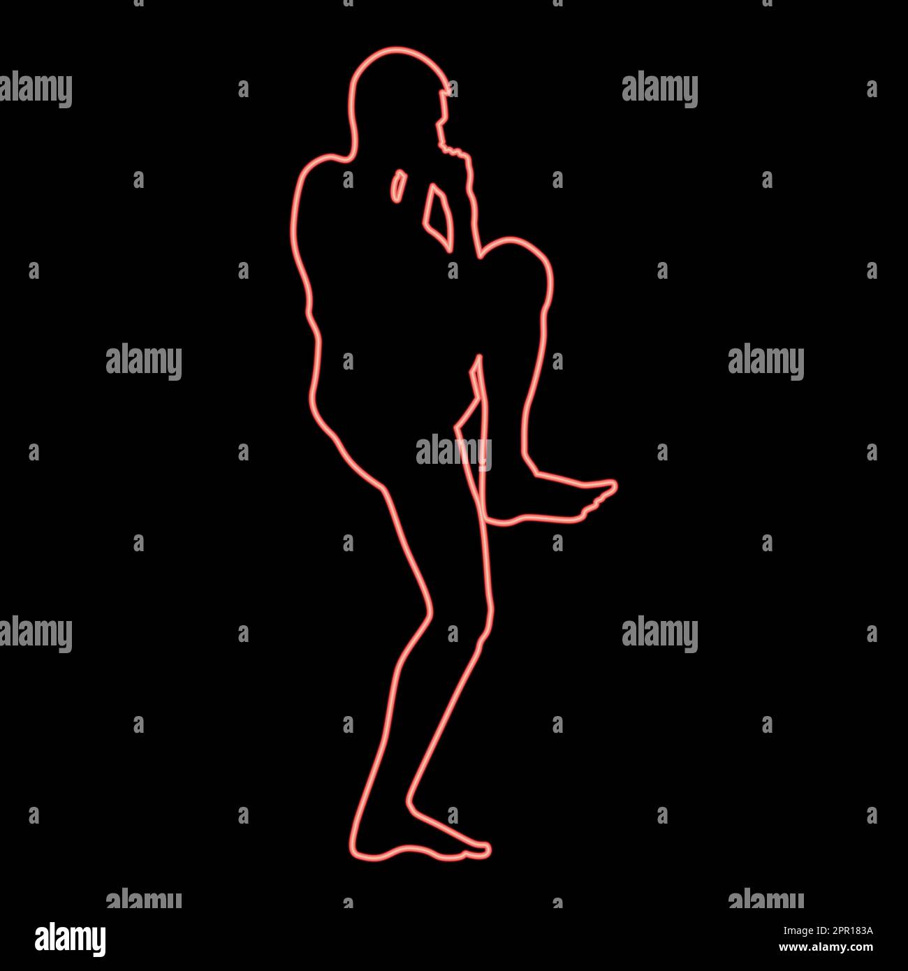 Neon fighter dans le combat stanceavec la jambe surélevée homme faire des exercices sport action homme entraînement silhouette vue latérale icône noir colorin cercle rouge couleur vecteur illustration image style plat Illustration de Vecteur