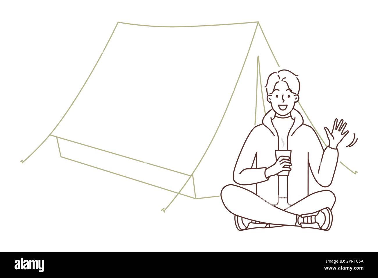 Homme appréciant le site de randonnée près de la tente Illustration de Vecteur