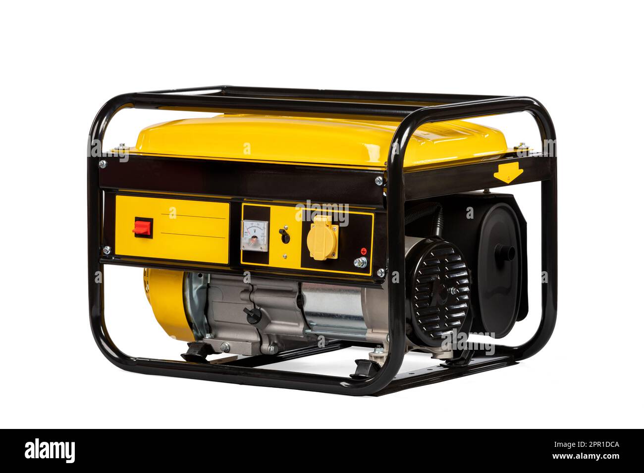 Générateur de gaz électrique portable jaune et noir isolé sur blanc pour l'énergie de secours. Banque D'Images