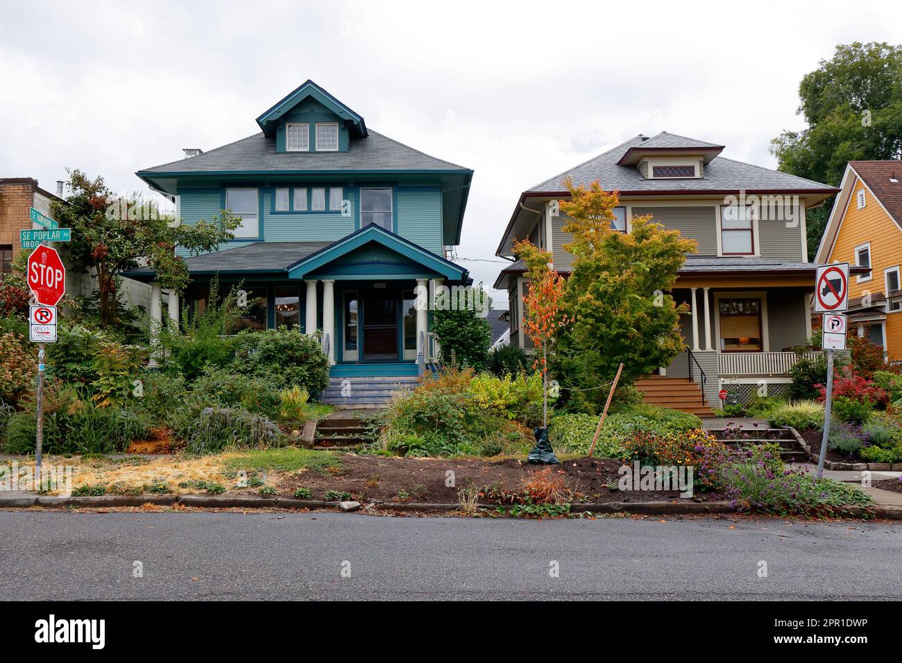 Maisons avec un aménagement paysager durable et indigène des jardins de pollinisateurs au lieu de pelouses à Portland, Oregon. Banque D'Images