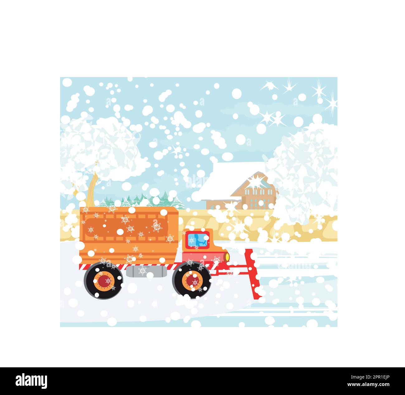Souffleuse à neige sur la route par une journée hivernale enneigée Illustration de Vecteur