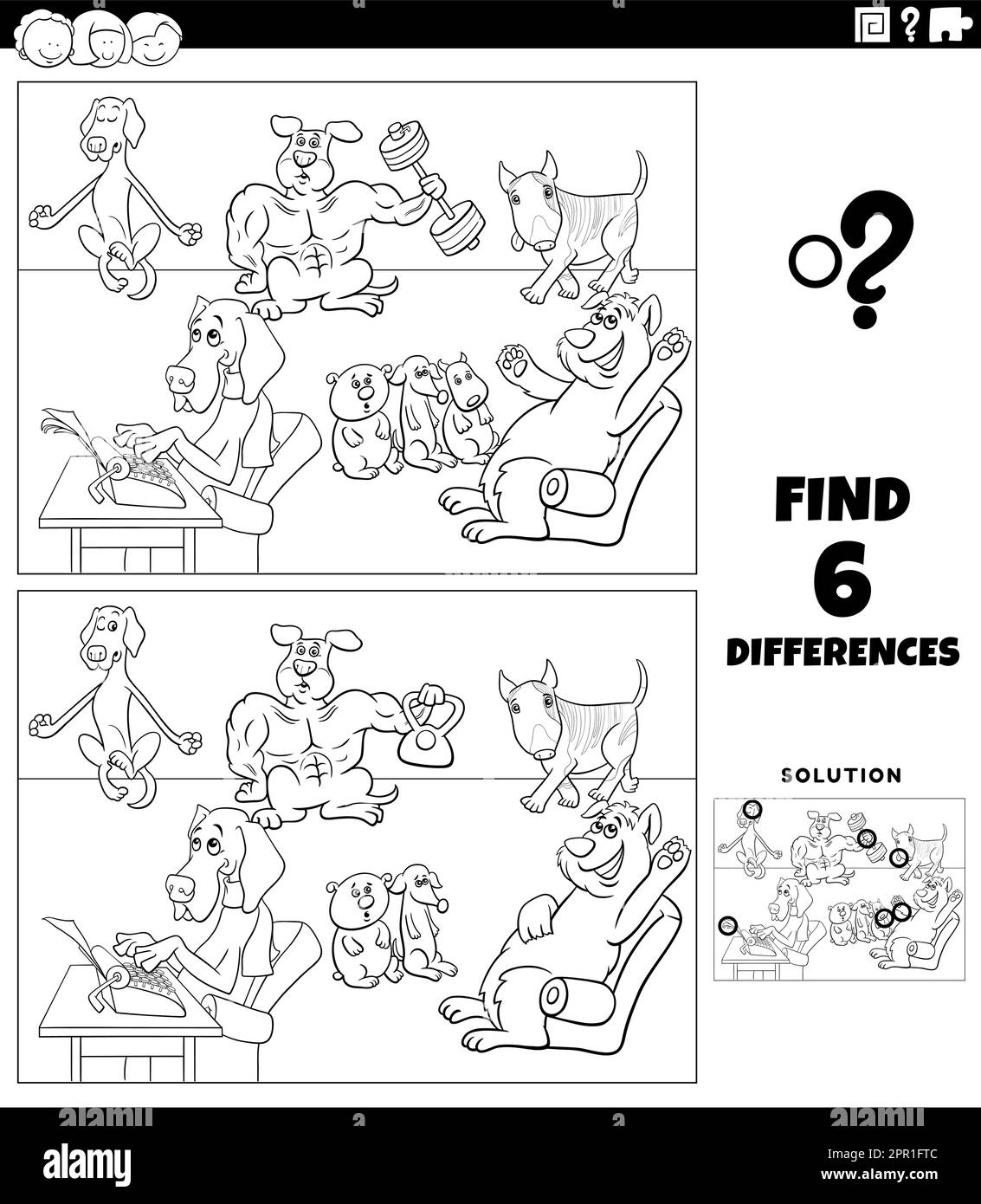 jeux de différences avec la page de coloriage de chiens de dessin animé Illustration de Vecteur