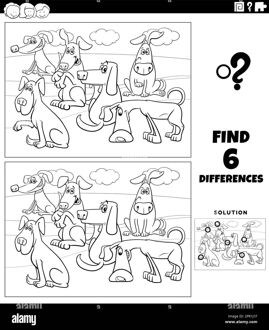 jeux de différences avec la page de coloriage de chiens de dessin animé Illustration de Vecteur