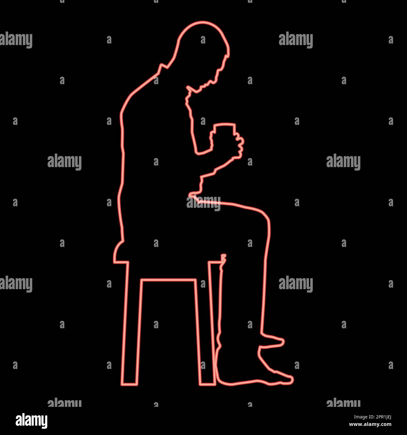 Neon homme tenant le mug et regardant le contenu à l'intérieur tout en étant assis sur le tabouret concept de calme et de confort de la maison rouge couleur vecteur illustration image style plat Illustration de Vecteur