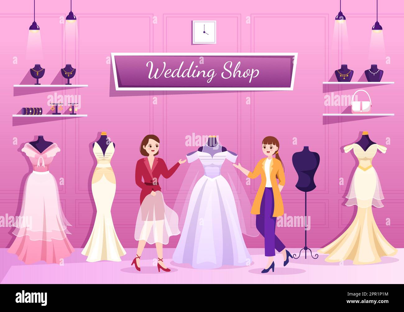 Boutique de mariage avec bijoux, belles robes de mariée et accessoires adaptés pour affiche en dessin main de dessin de dessin animé à la main Illustration de Vecteur